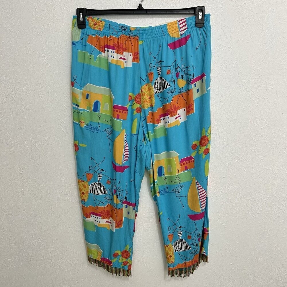 VTG 90s Paradise Turquoise‎ Beaded Novelty Print 1X Pants Resort Wear Beach Fish
